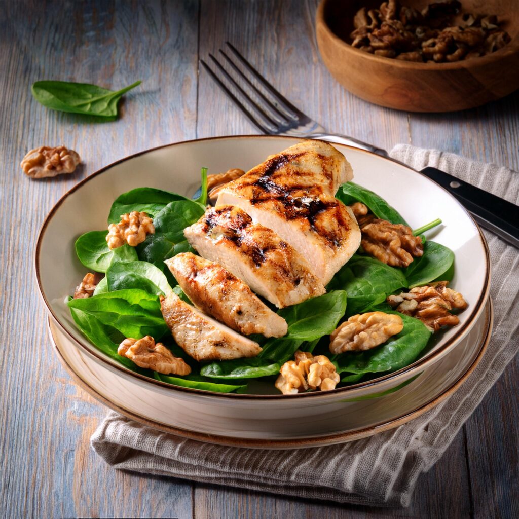 Grilled-Chicken-with-Spinach-and-Walnut-Salad