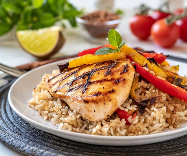 Firefly Grilled Chicken, Brown Rice, Sautéed Bell Peppers and Onions_ on a plate in a bright kitchen