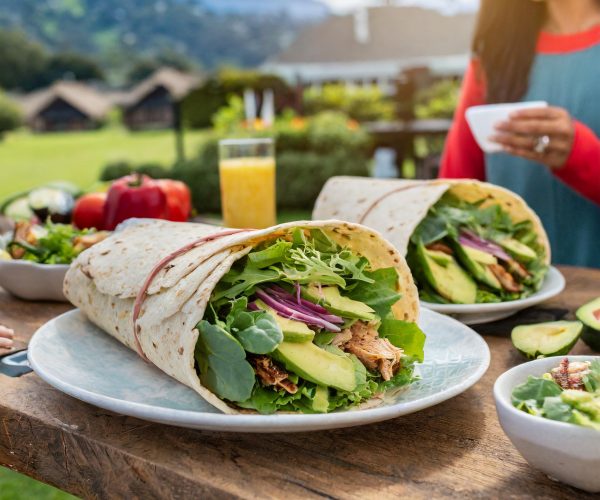 Firefly Turkey Wrap with Whole Grain Tortilla, Mixed Greens, and Avocado_ at a picnic table outside